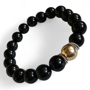 10mm Polished Onyx Stretch Bracelet w/ 14K Gold Filled Spacer & 925 Jump Rings